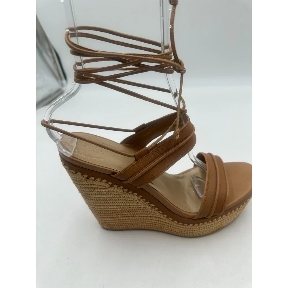 Stuart Weitzman Abandon Tan Leather Lace Up Espadrille Raffia Wedge Size 11M